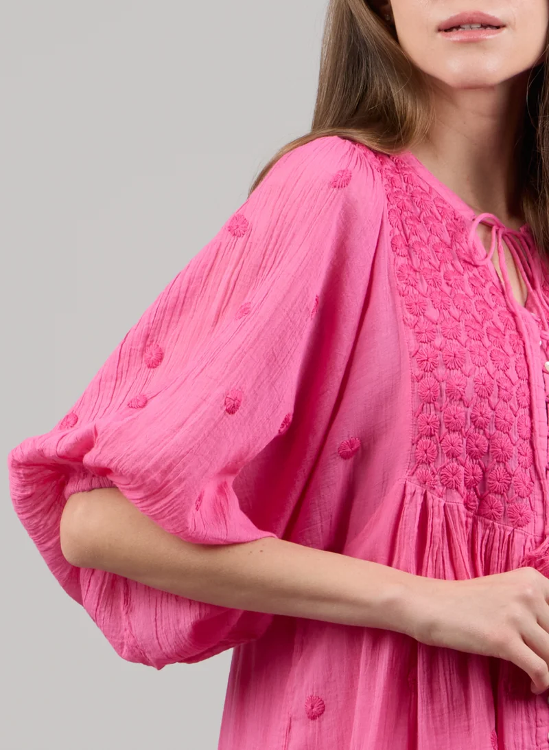 Just Nature hot pink Colours of Nature Baloon Sleeve Embroidered Mini Dress for Women | Best Price UAE